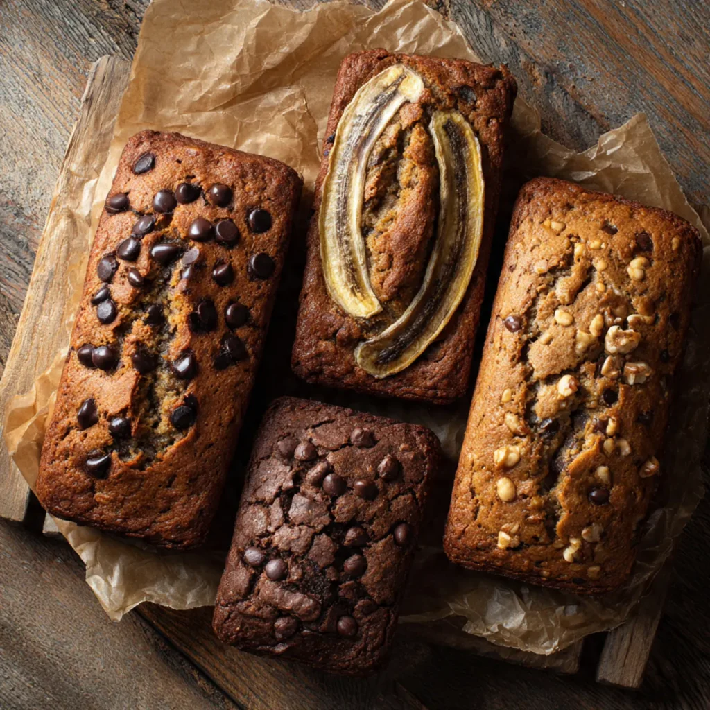 Four variations of Delicious High Protein Peanut Butter Banana Bread