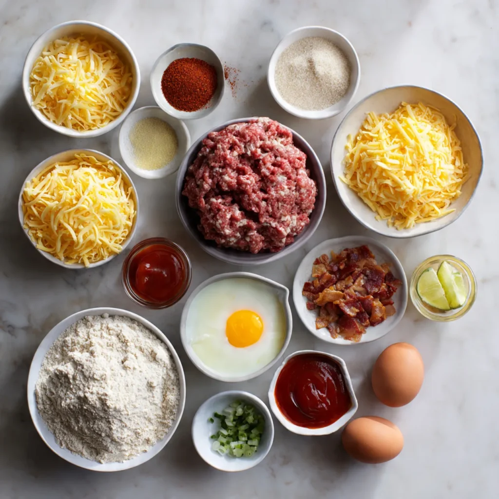 Ingredients for Bang-Bang Melty Bacon Cheddar Stuffed Meatloaf Bombs