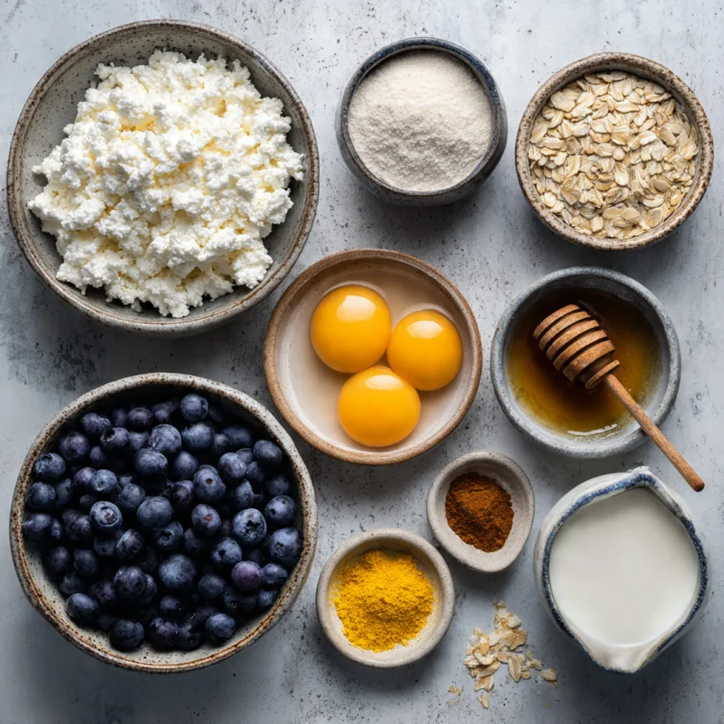 Ingredients for blueberry cottage cheese breakfast bake laid out