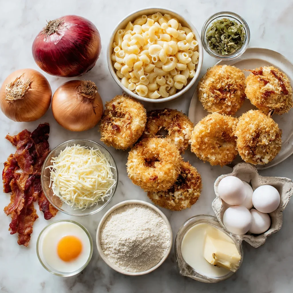 ingredients for cheesy bacon mac burger stuffed