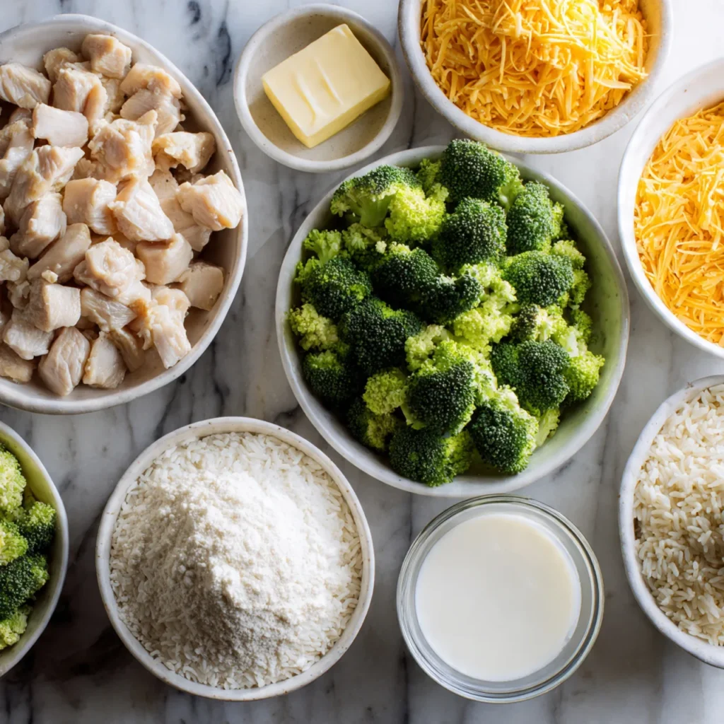 Ingredients for Cheesy Broccoli Chicken and Rice Casserole