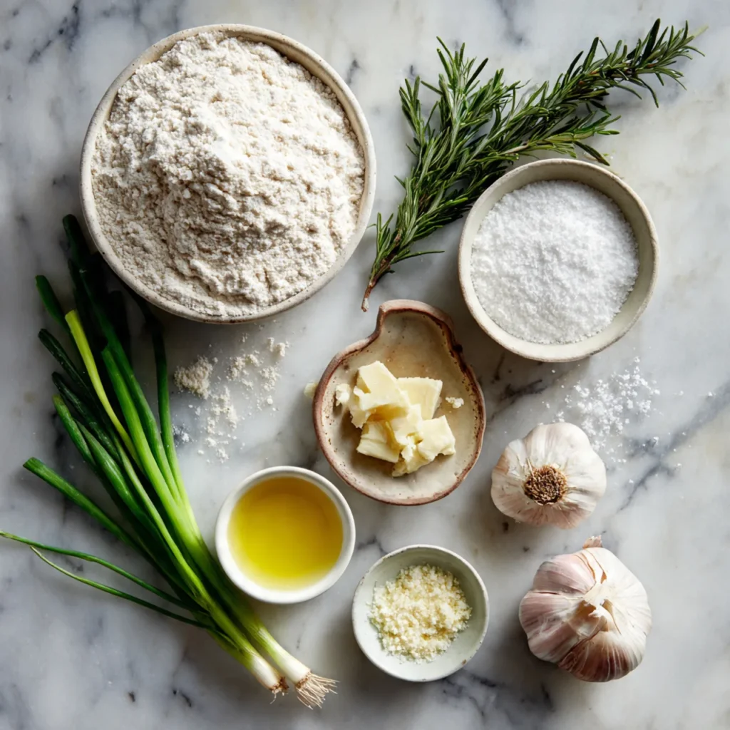 Ingredients for garlic focaccia muffins laid out