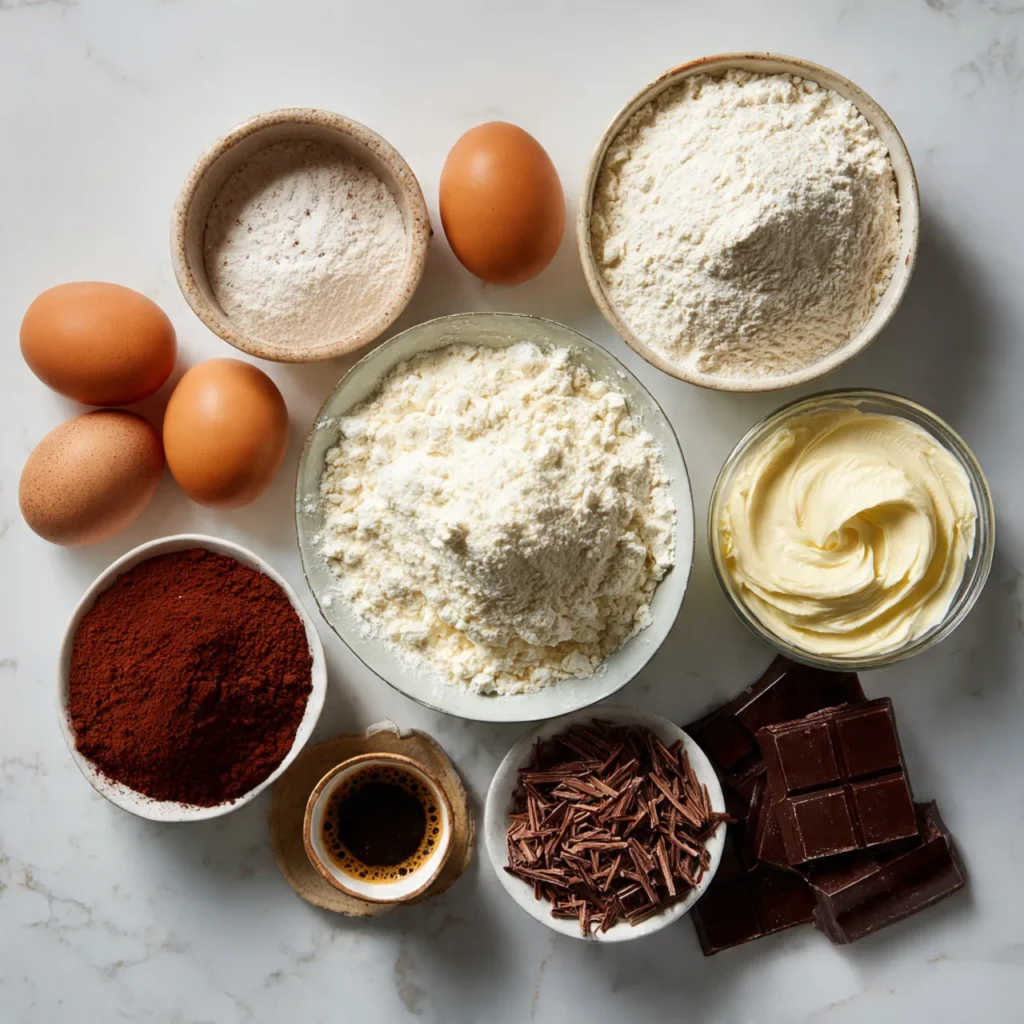 Ingredients for gourmet tiramisu yule log cake