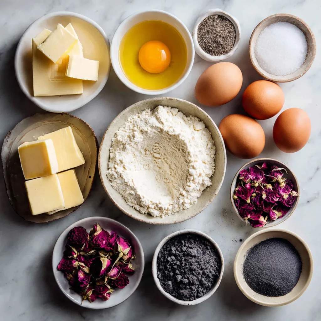 Ingredients for grey brownies with rose petals