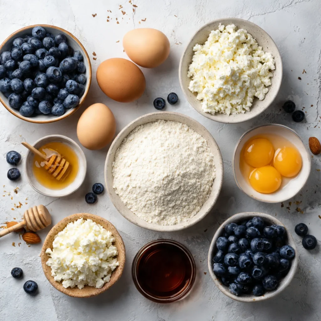 Ingredients for healthy blueberry cottage cheese muffins