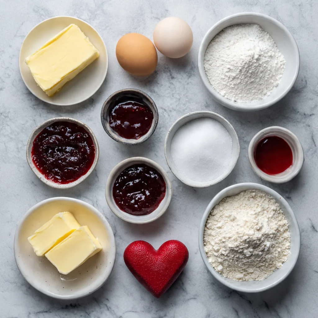 Heart Thumbprint Cookies Recipe Easy for Holidays & Special Occasions 9 Ingredients for heart thumbprint cookies laid out