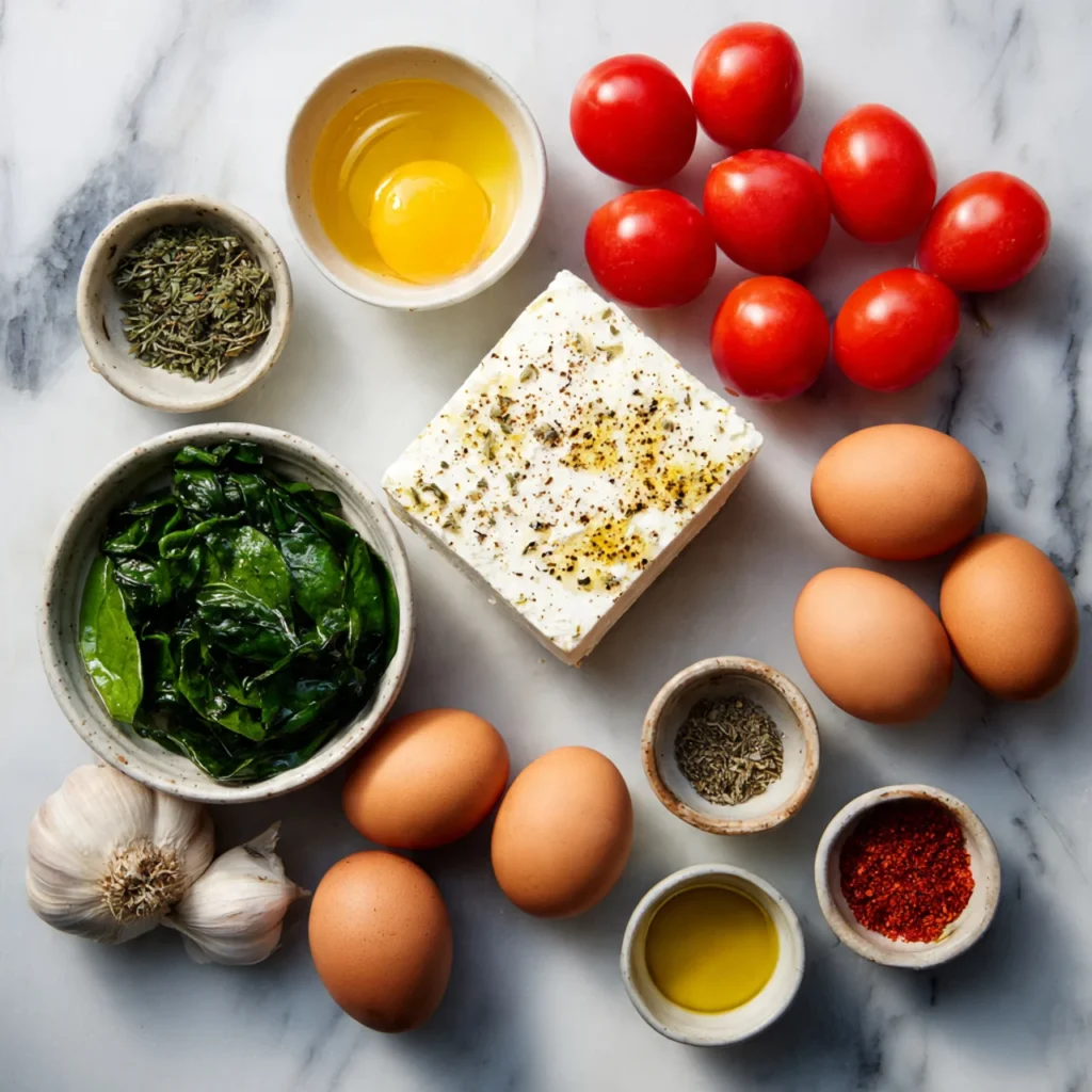 Ingredients for Mediterranean baked feta eggs