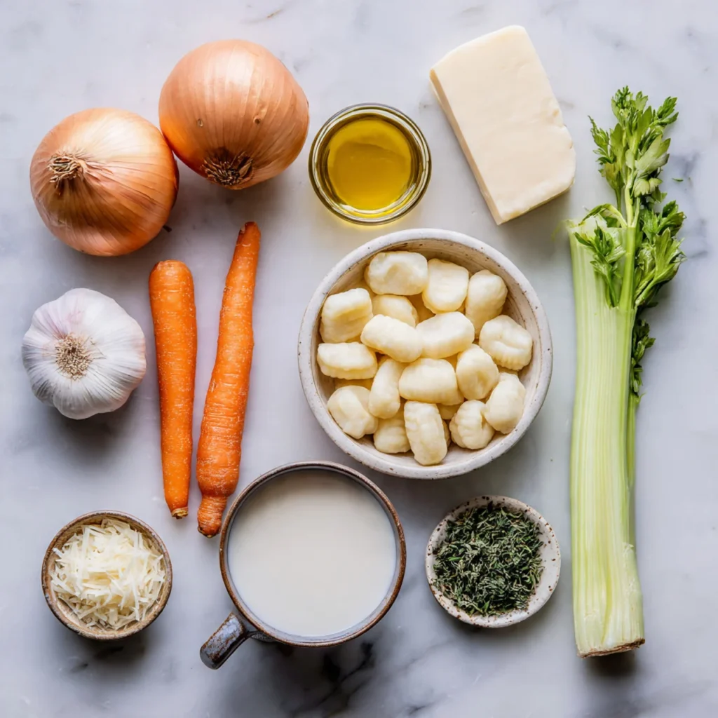 Ingredients for potato gnocchi soup arranged on counter