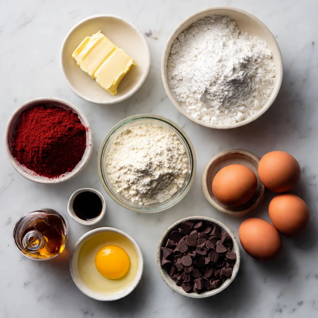 Red velvet brownies ingredients on marble counter