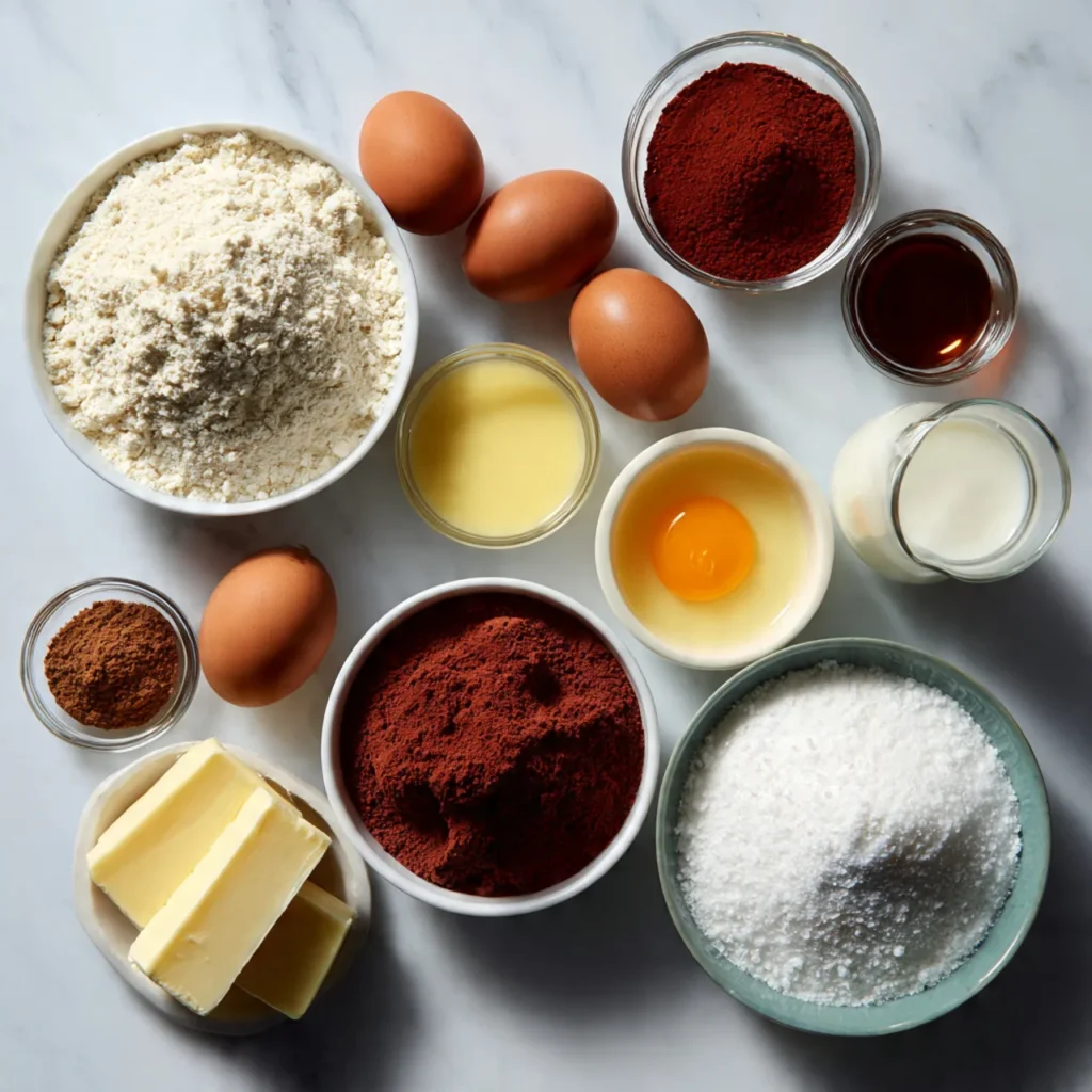 Ingredients for Red Velvet Brownies with Chocolate Frosting