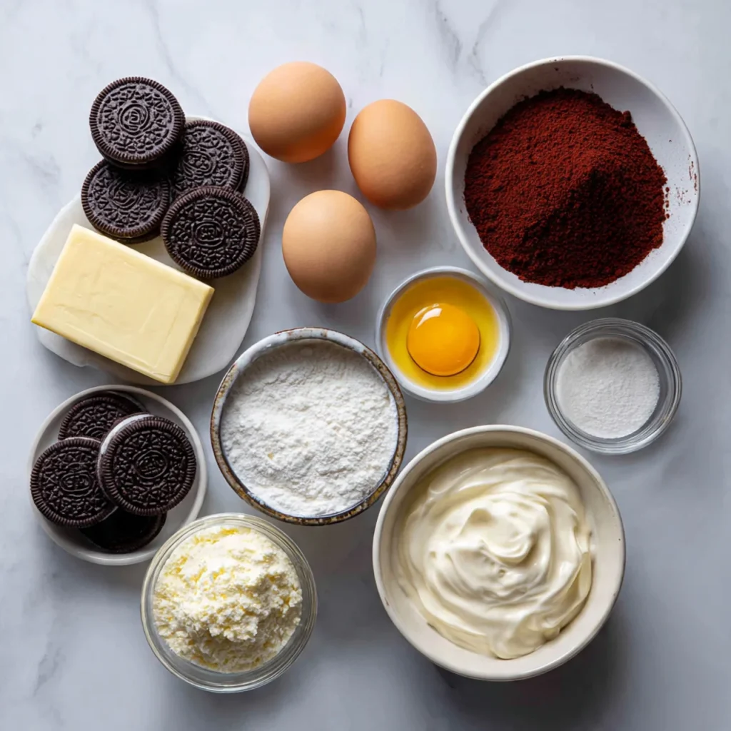 Ingredients for red velvet Oreo cheesecake