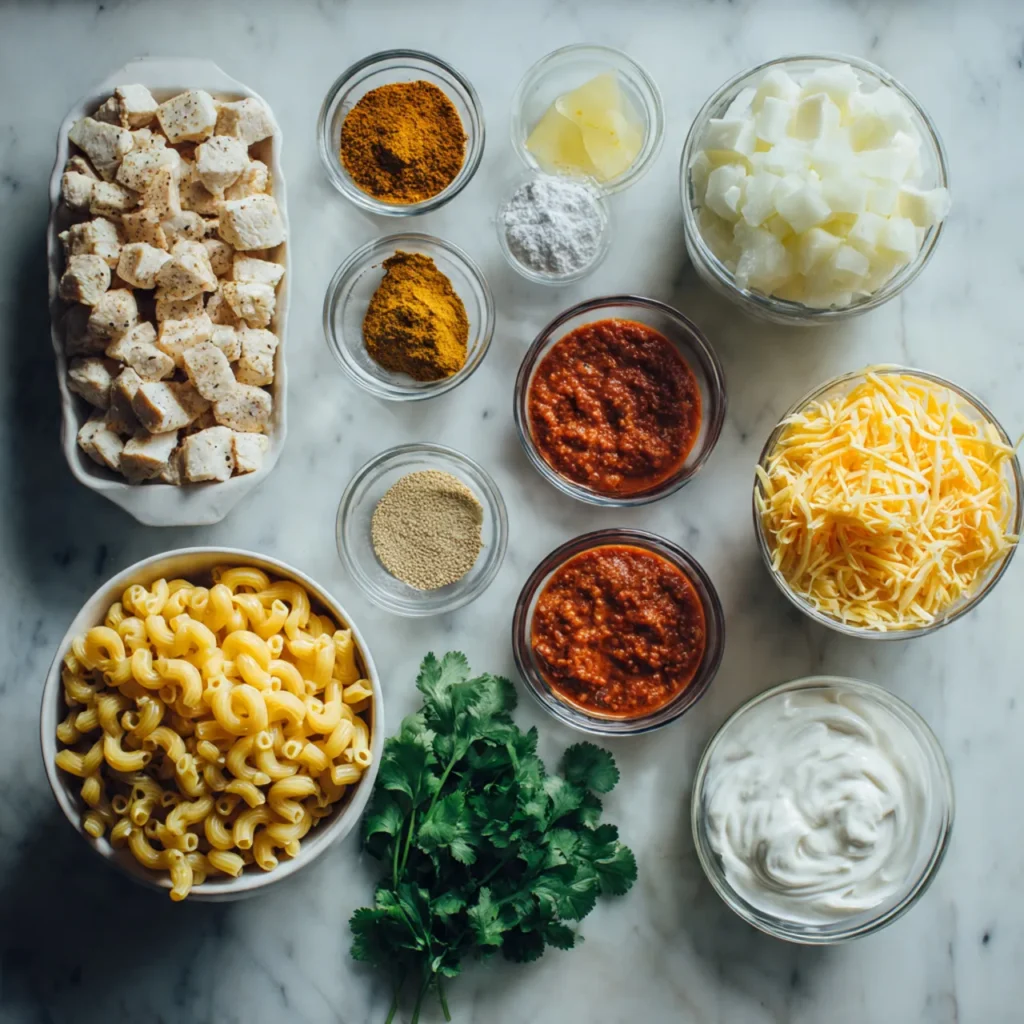 Ingredients for butter chicken mac and cheese laid out on countertop