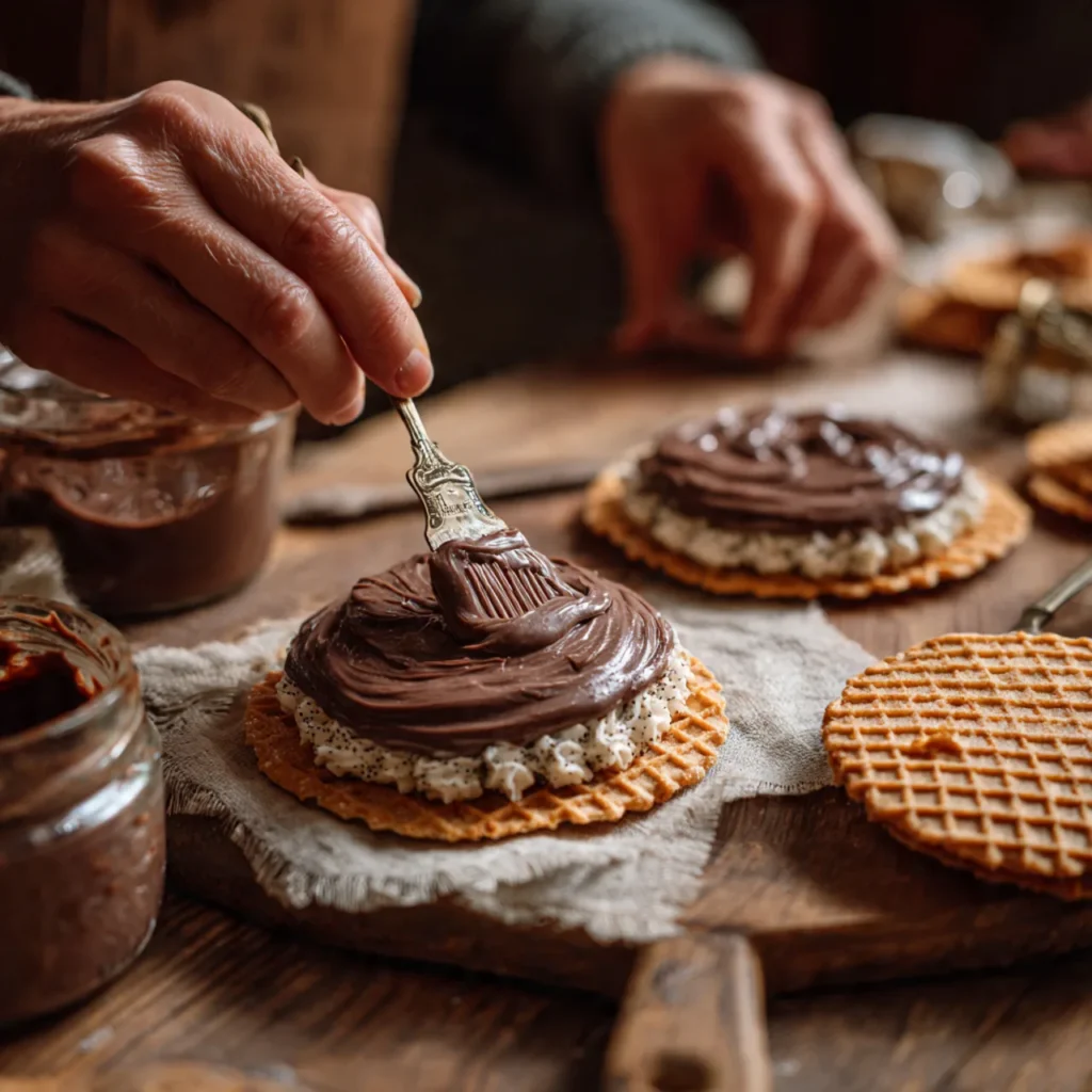Chocolate Cannoli Pizzelle Sandwiches – Easy, No-Bake Italian Dessert 10 Assembling Chocolate Cannoli Pizzelle Sandwiches