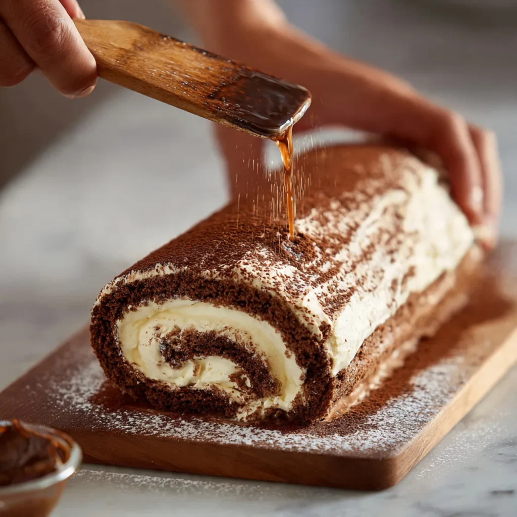 Assembling gourmet tiramisu yule log cake