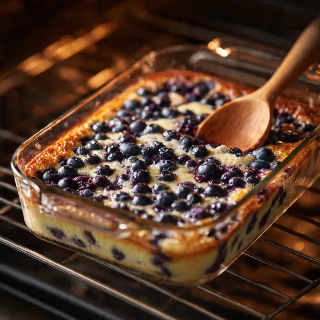 Baking blueberry cottage cheese breakfast bake in glass dish