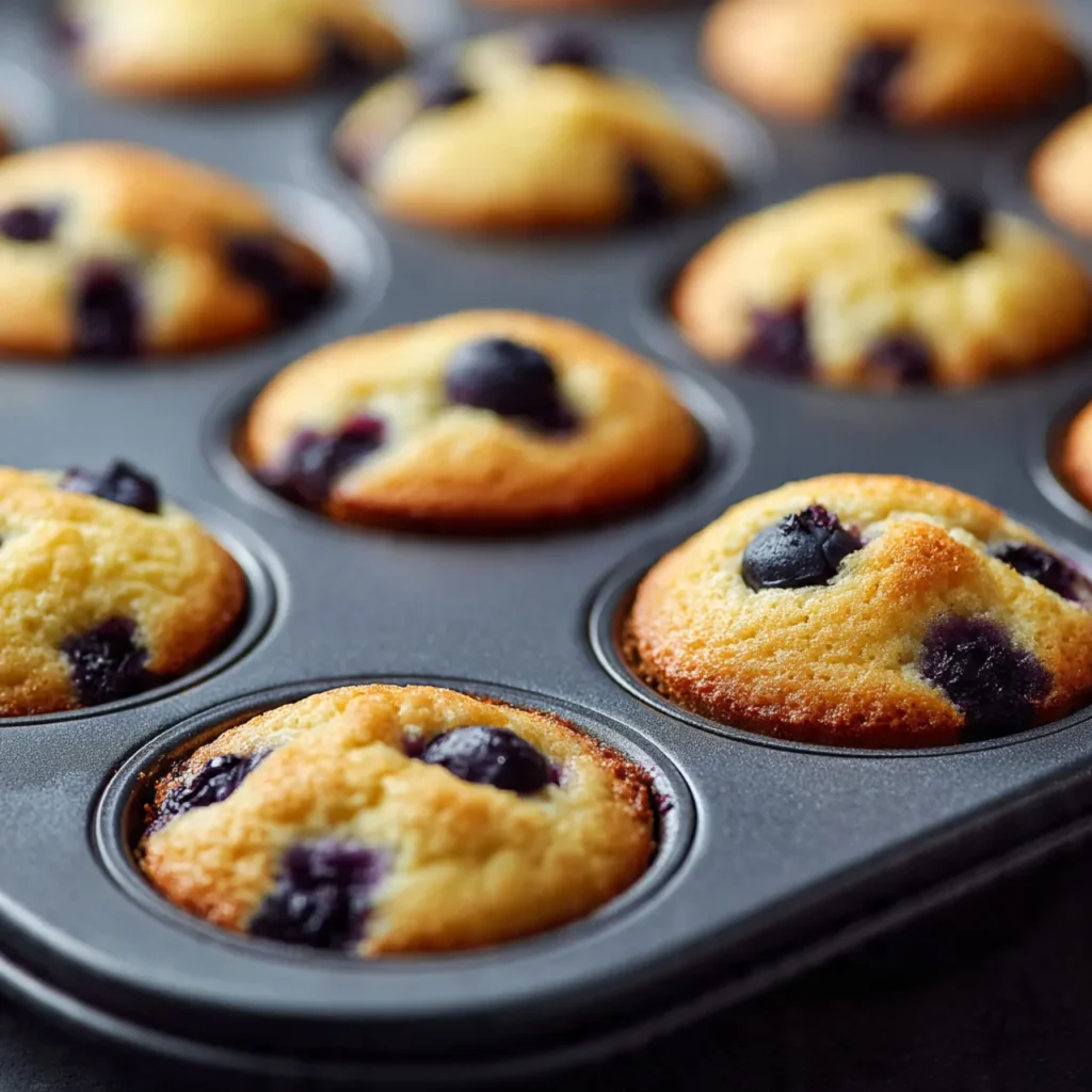 Baking blueberry lemon pancake bites in a mini muffin pan