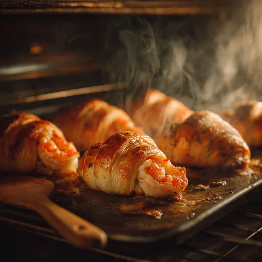 Cooking buttery shrimp stuffed croissants in the oven