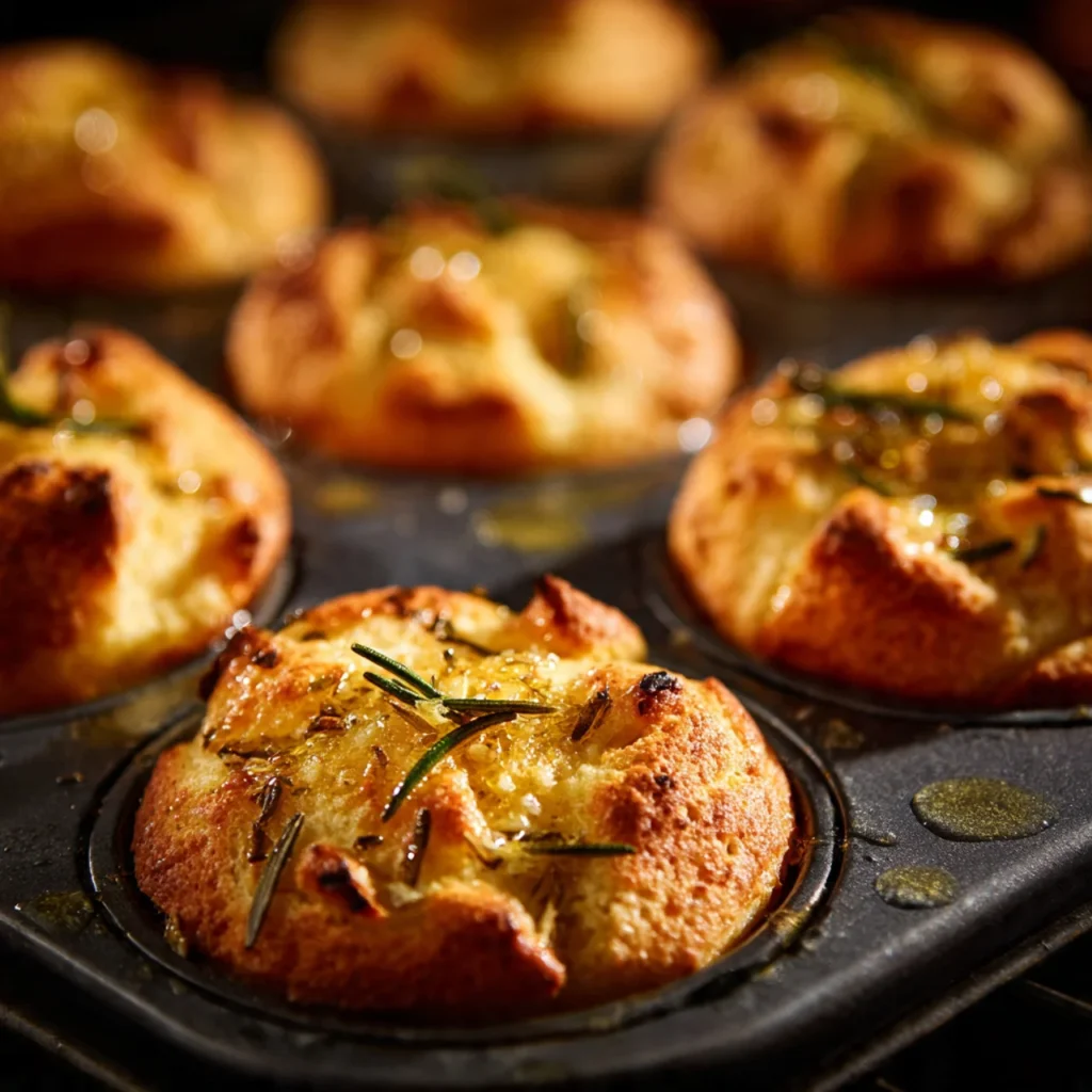 Baking garlic focaccia muffins in muffin tin