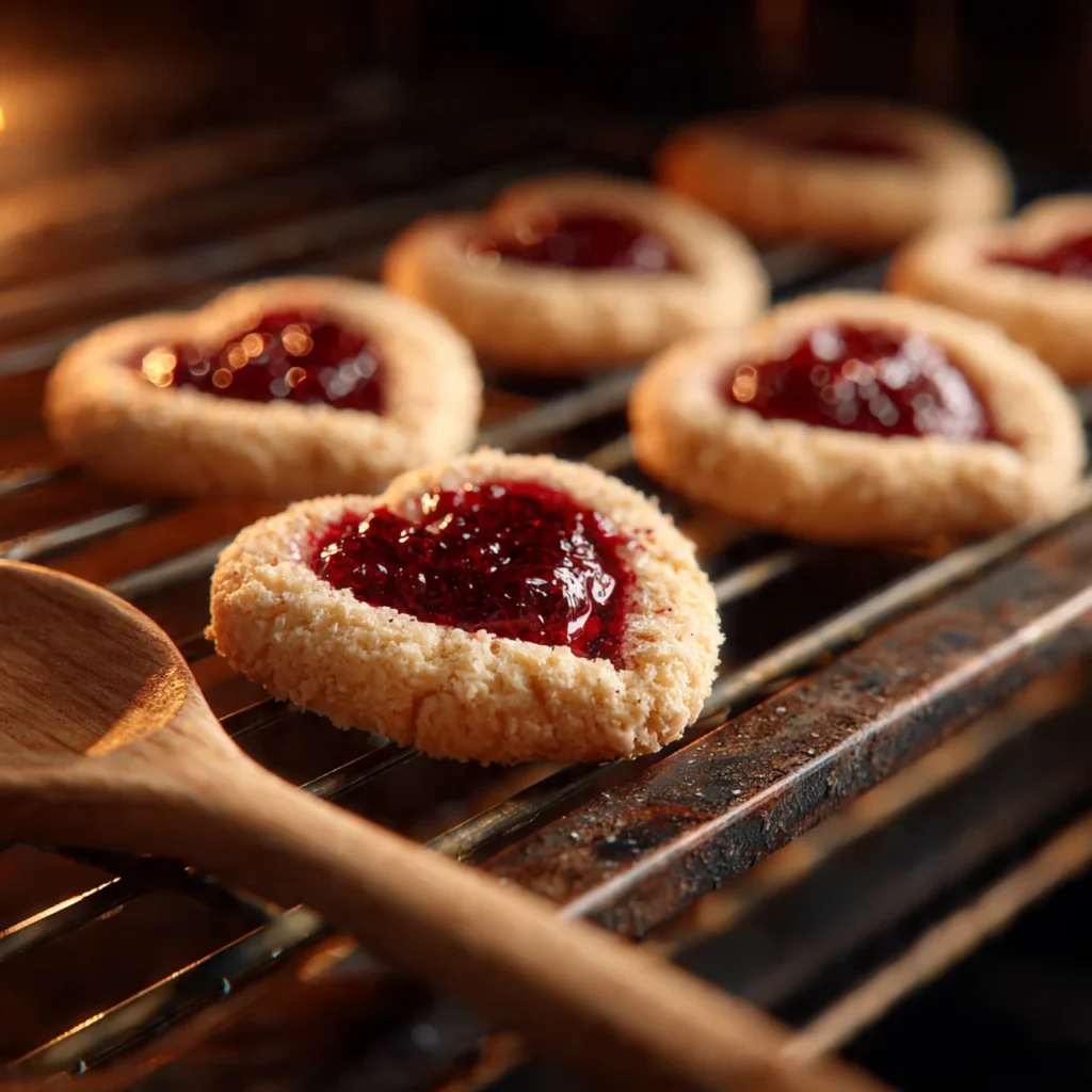 Heart Thumbprint Cookies Recipe Easy for Holidays & Special Occasions 10 Heart thumbprint cookies baking in the oven