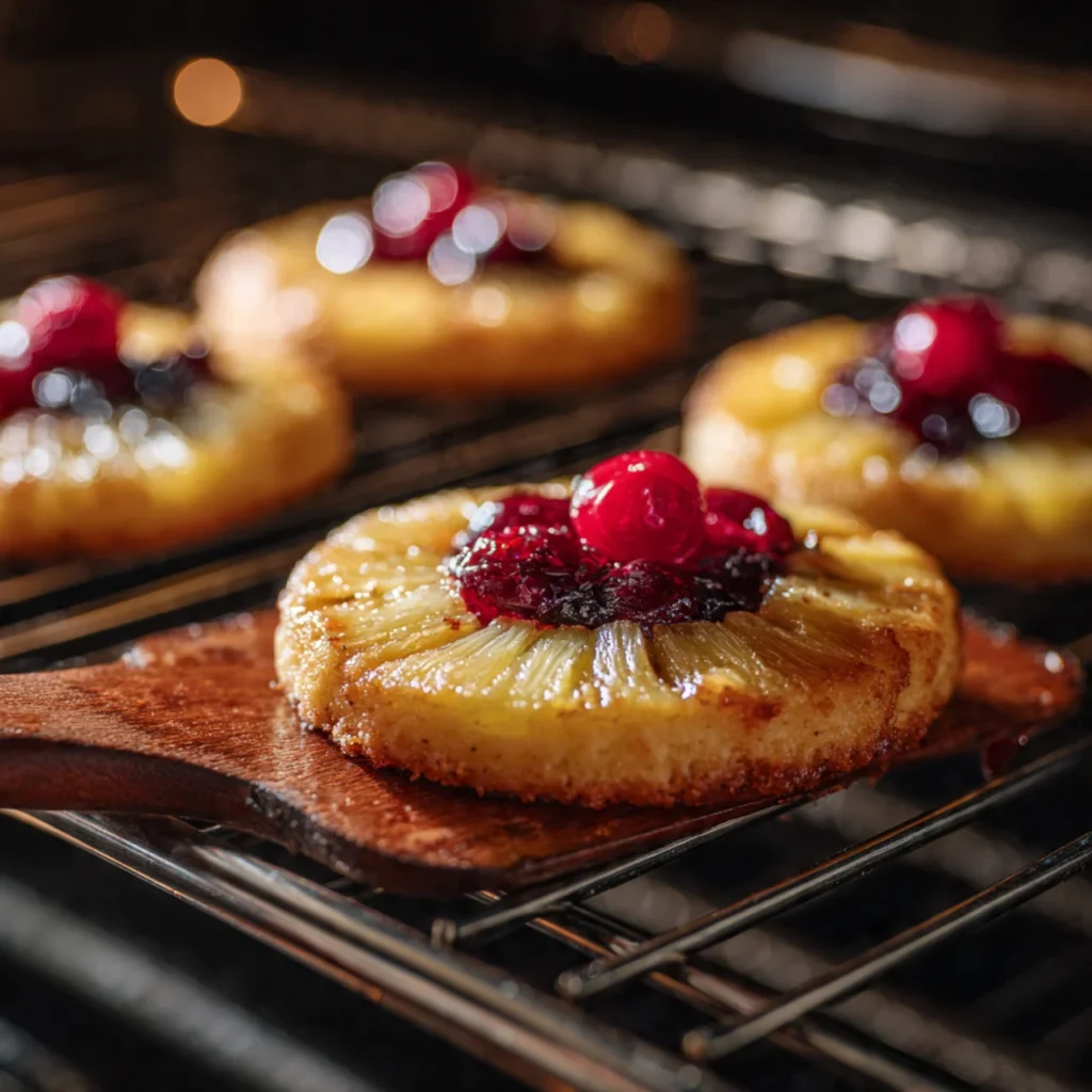 Baking pineapple upside down sugar cookies in oven