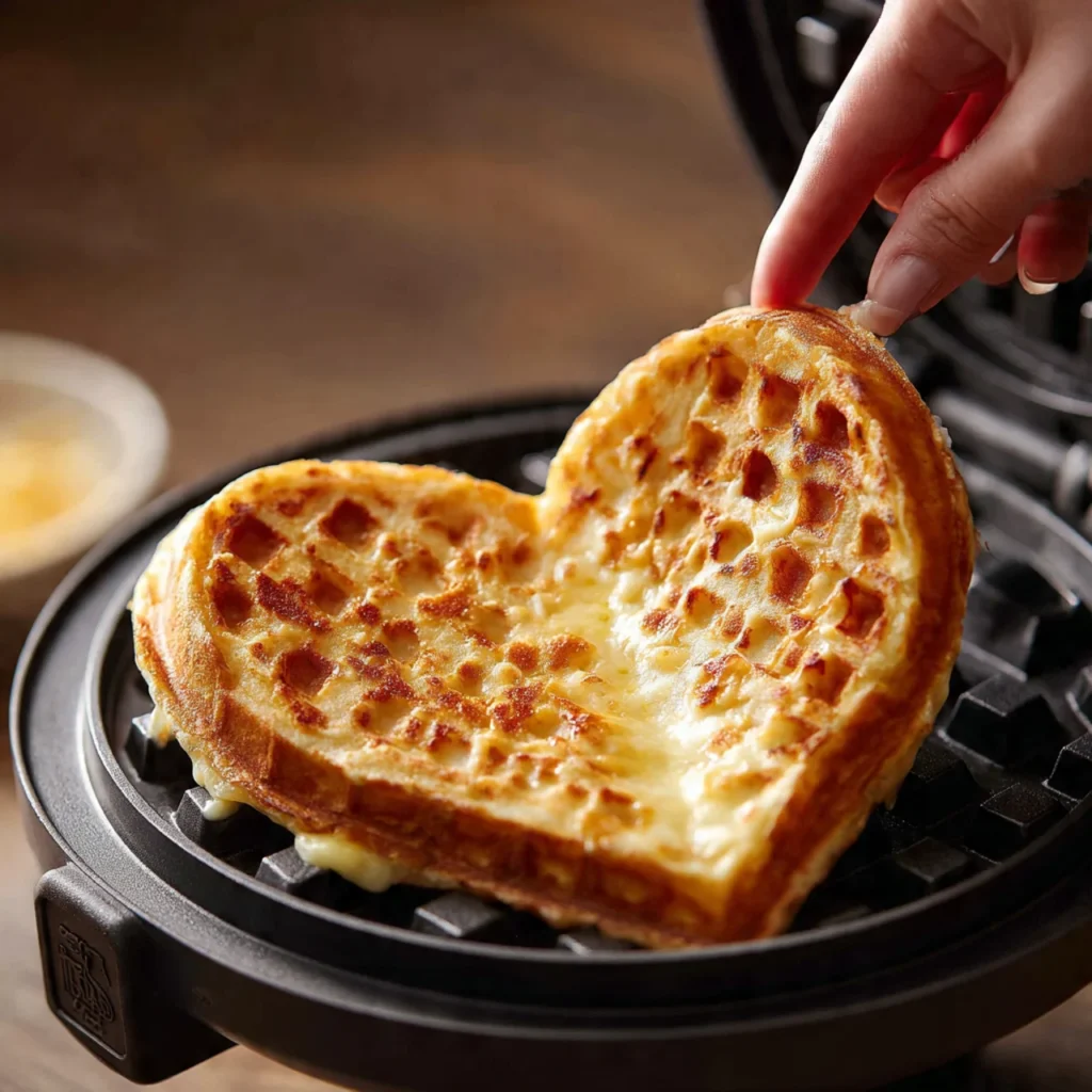 Heart-shaped potato waffle cooking in waffle maker