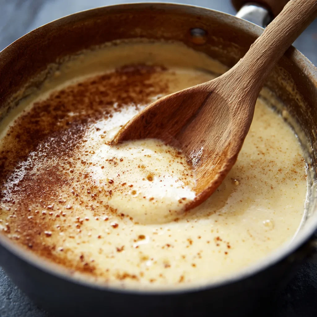 Cooking creamy Norwegian rommegrot in saucepan