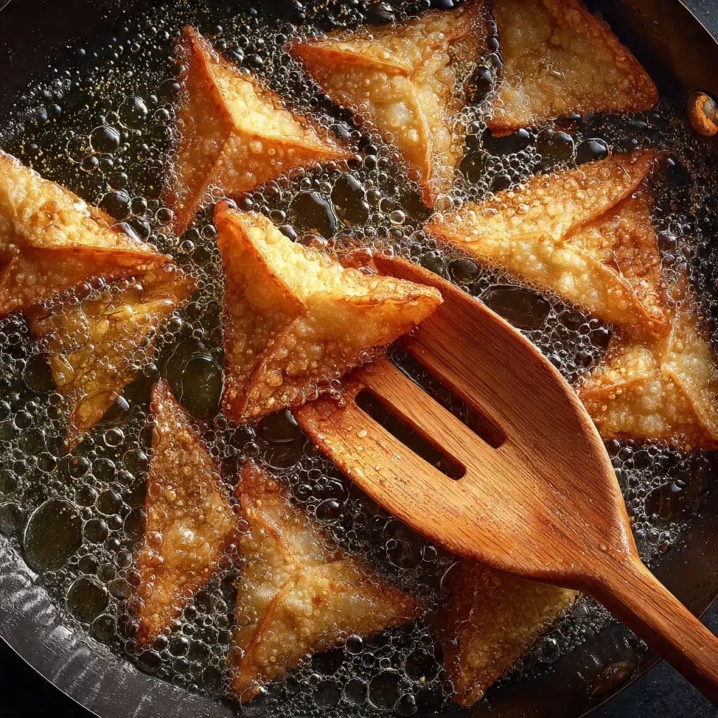 Frying crispy crab rangoon in a deep pan