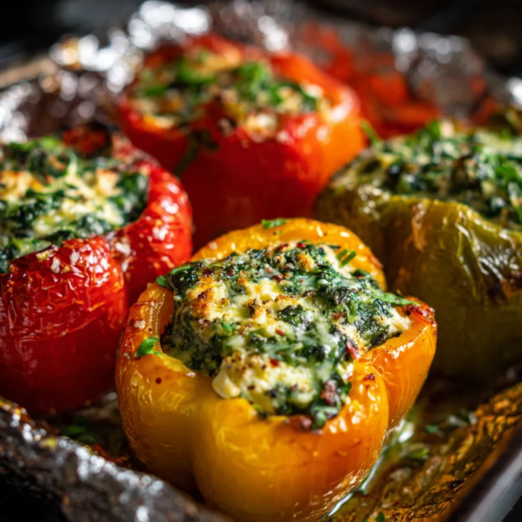 Cooking Mediterranean spinach feta stuffed peppers