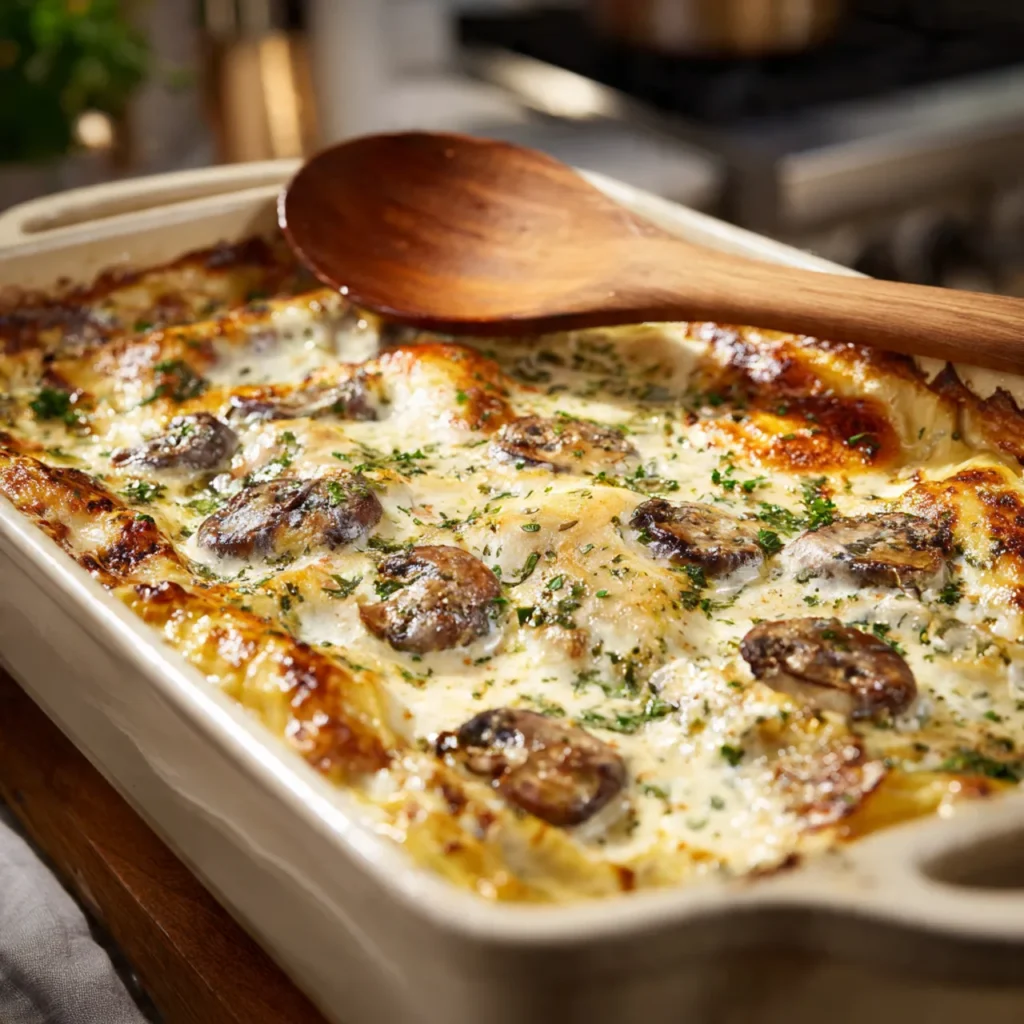 Cooking mushroom lasagna in oven