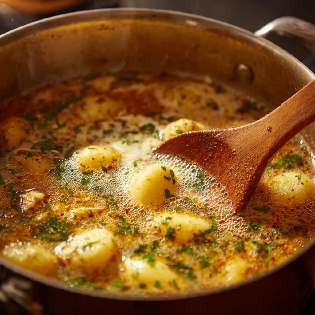 Simmering potato gnocchi soup in pot