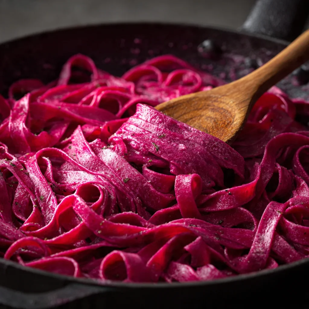 Cooking simple beet fettuccine in pan
