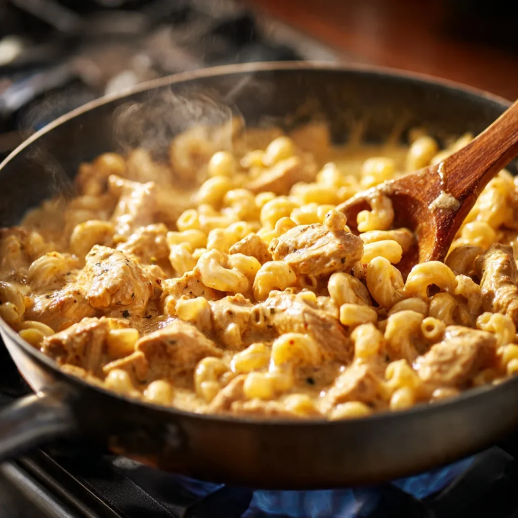 Cooking butter chicken mac and cheese on stovetop