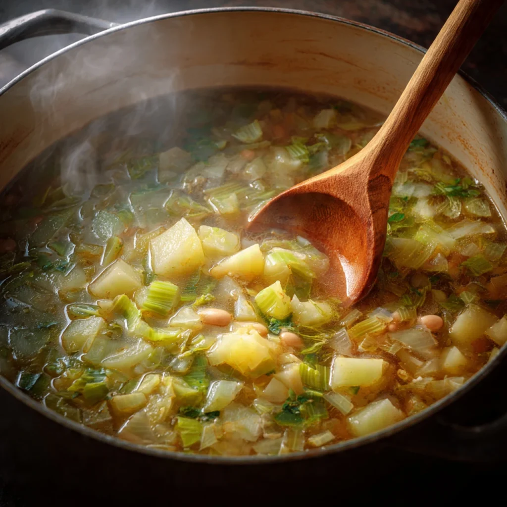 Cooking vegan potato leek soup in pot