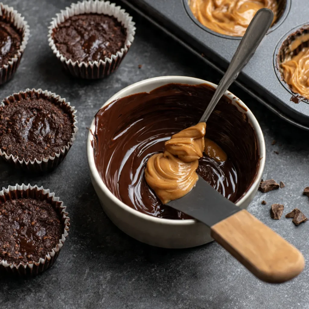 Preparing homemade Reese’s cups in muffin tin