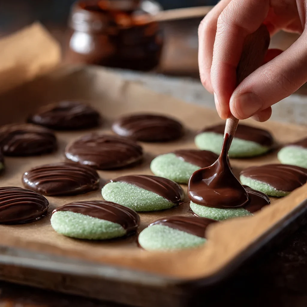 Chocolate Covered Mint Patties Recipe – Easy Homemade Peppermint Treats 10 Chocolate covered mint patties being dipped