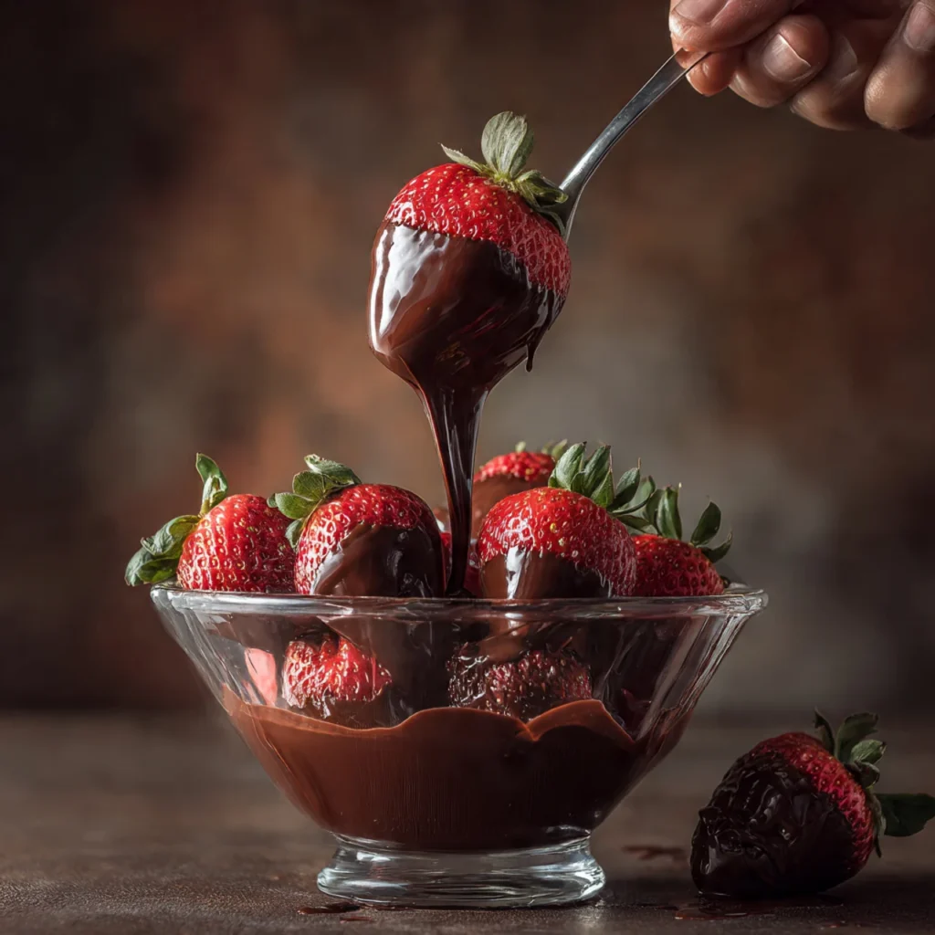Dipping strawberries into melted chocolate