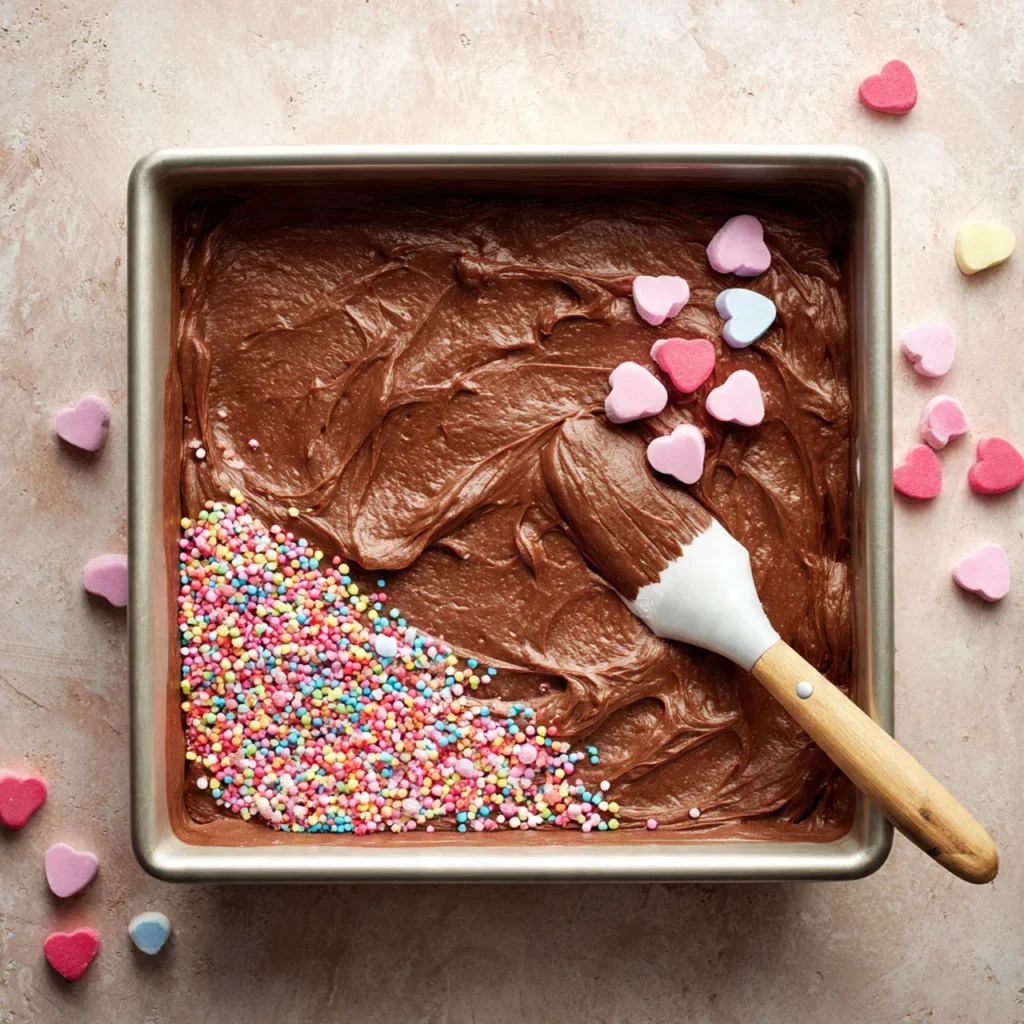 Preparing Valentine’s Day fudge in pan