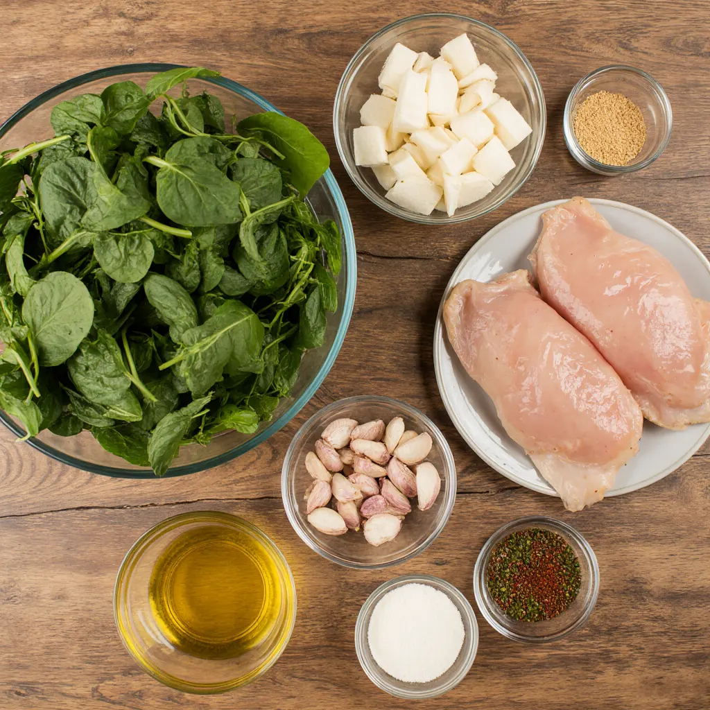 Ingredients for garlic spinach stuffed chicken laid out