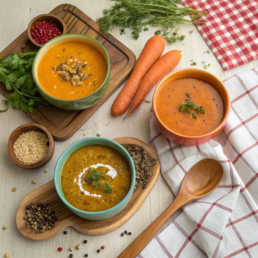 Four variations of carrot and lentil soup