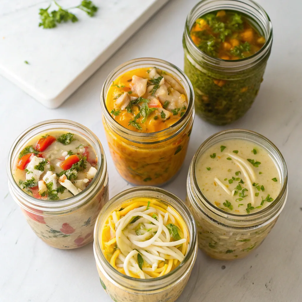 Four variations of crack chicken noodle soup in bowls