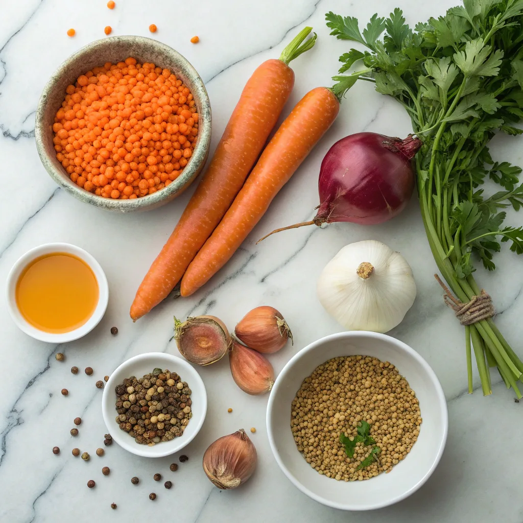 Ingredients for carrot and lentil soup laid out