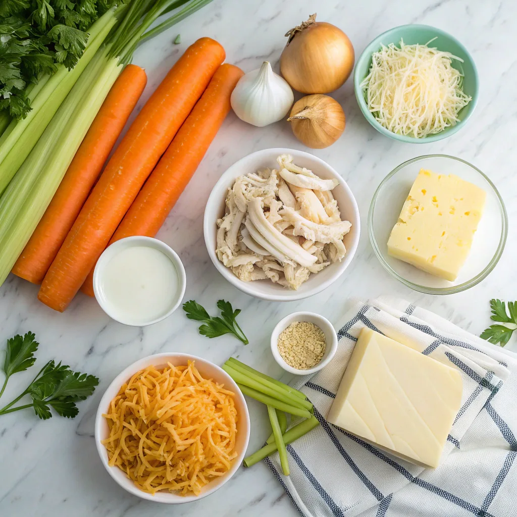 Ingredients for crack chicken noodle soup laid out on a marble countertop
