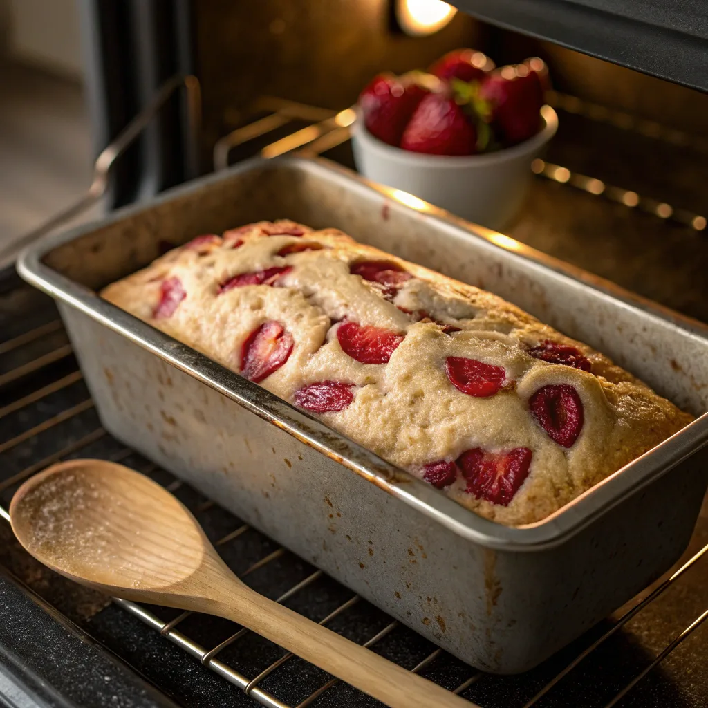 Strawberry banana bread baking in oven