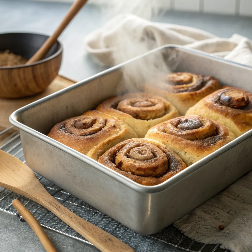 Banana Bread Cinnamon Rolls Recipe – Quick, Easy, and Moist 10 Banana bread cinnamon rolls baking in pan