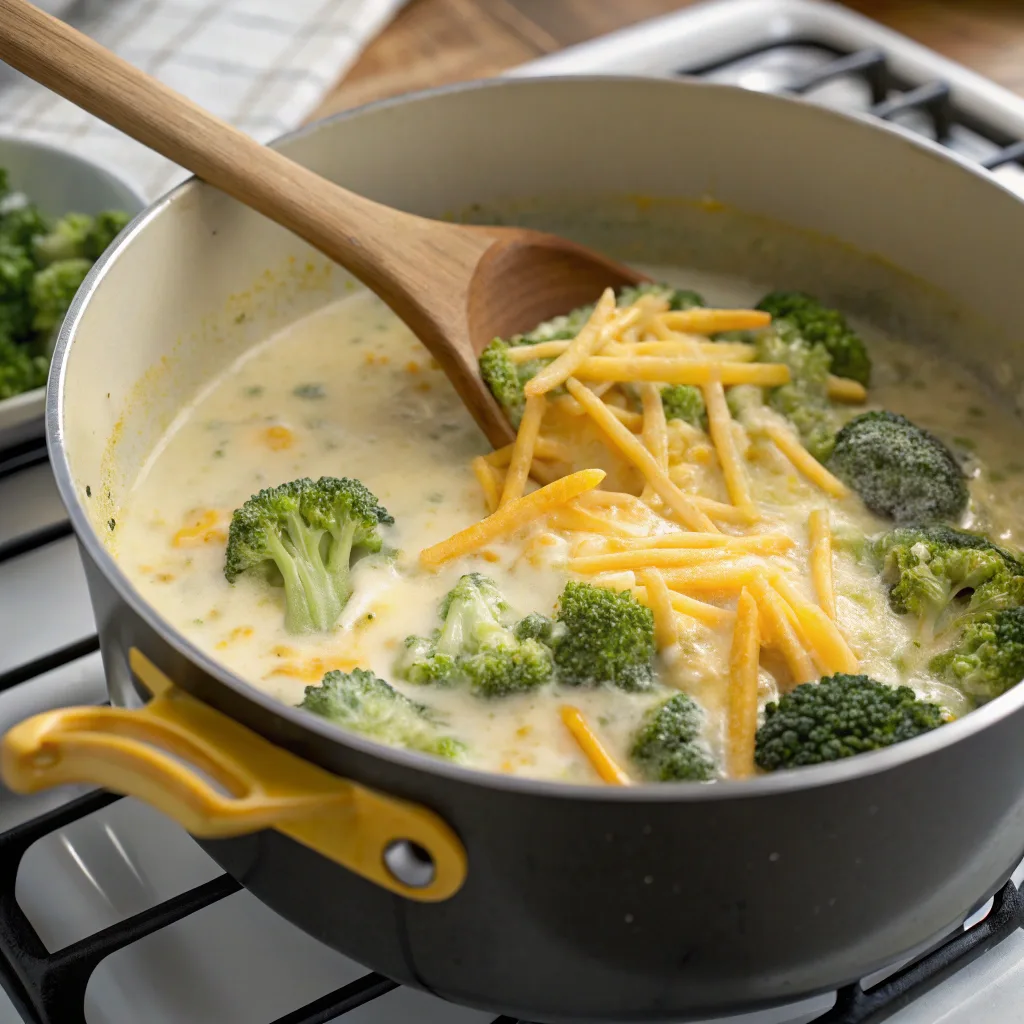 Broccoli Cheddar Soup Recipe – Creamy, Easy, and Family-Friendly 10 Cooking broccoli cheddar soup in pot