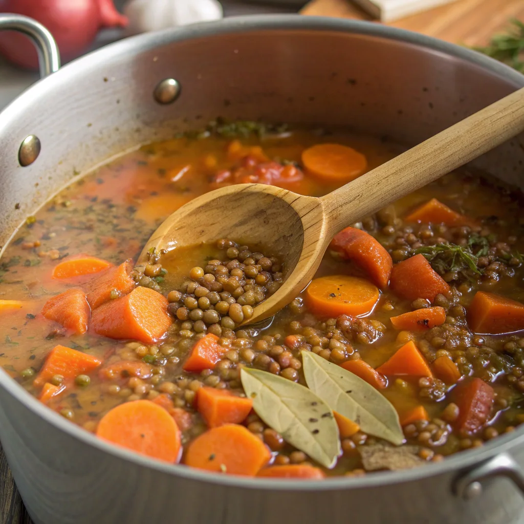 Carrot and lentil soup simmering in a pot