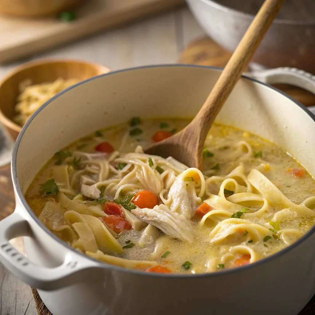 Cooking crack chicken noodle soup in a pot