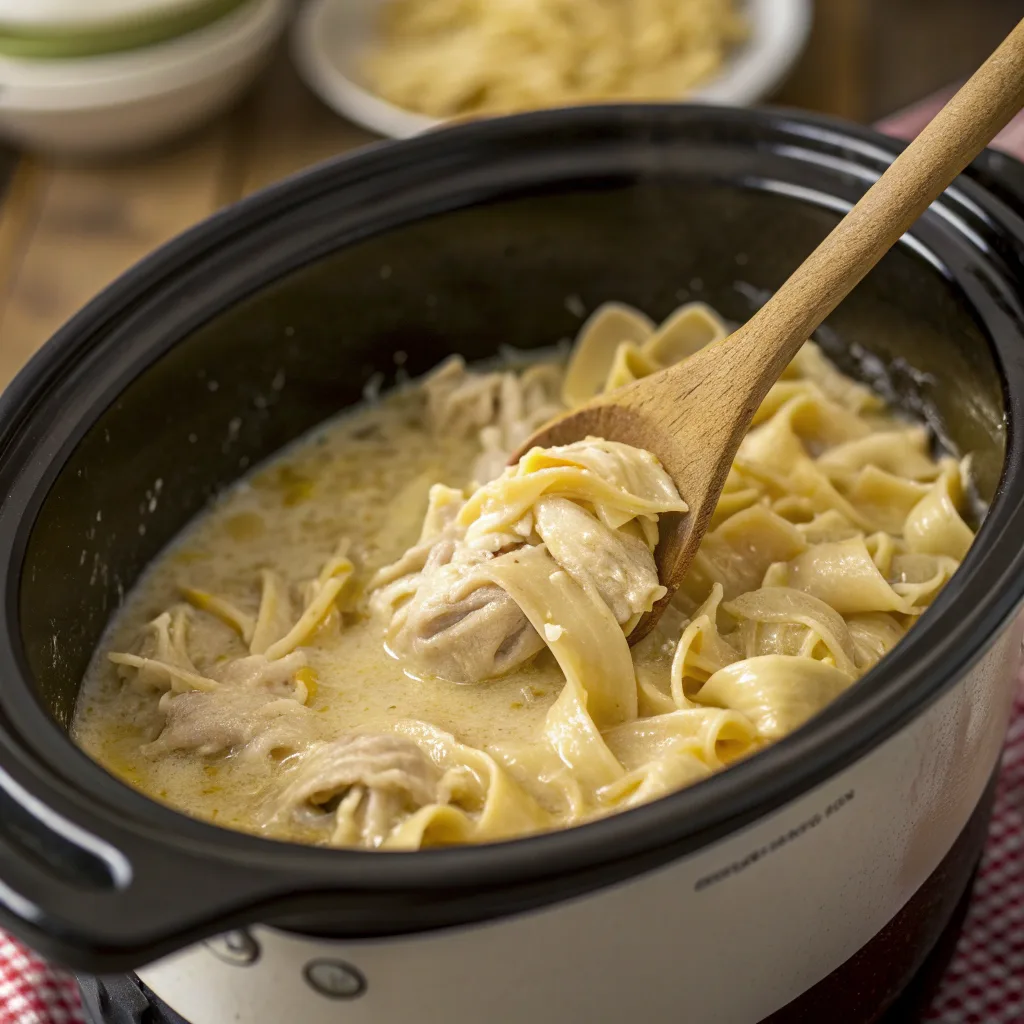 Crockpot Chicken and Noodles – Creamy, Easy, Family-Friendly Comfort Food 10 Cooking Crockpot Chicken and Noodles in slow cooker