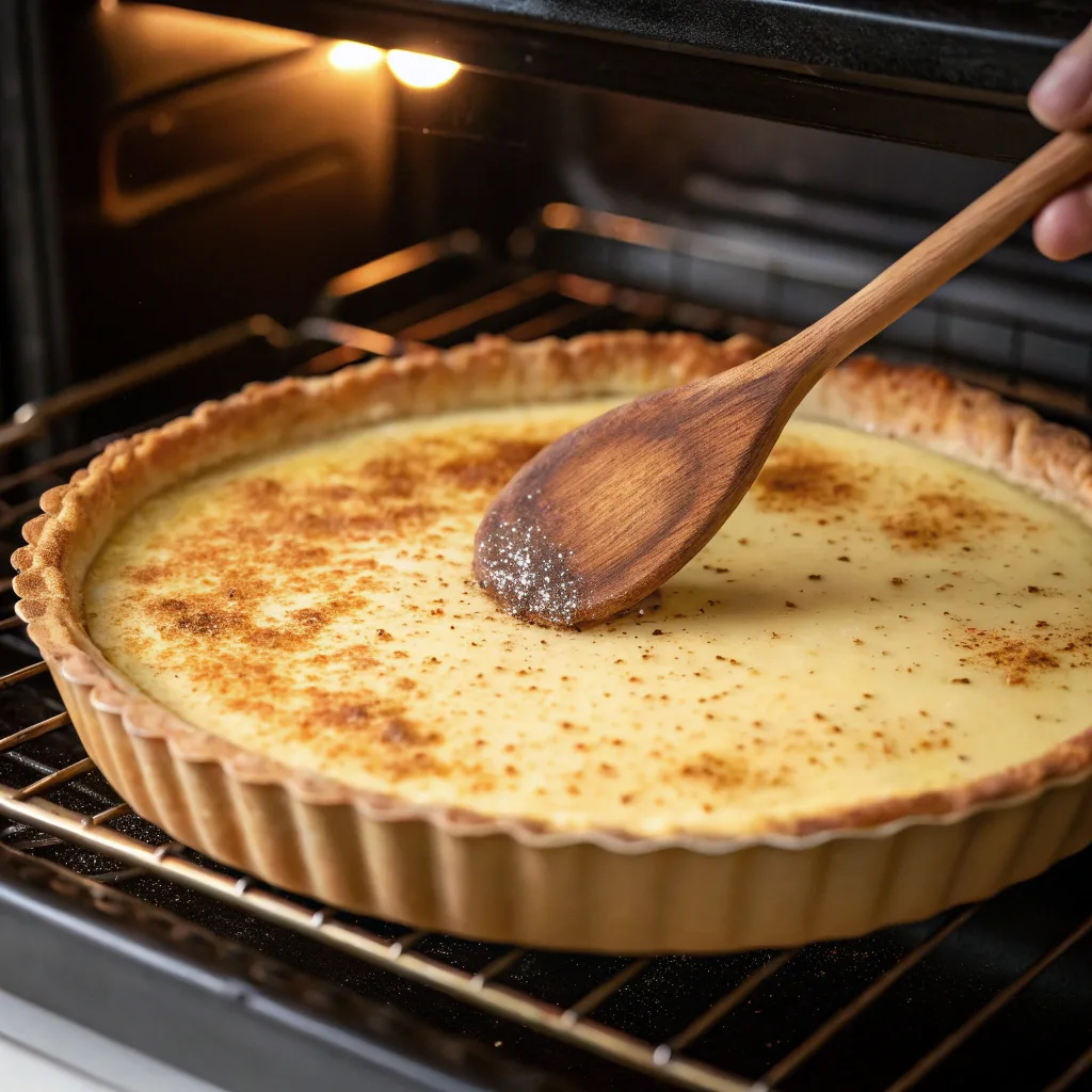 Cinnamon-Vanilla Custard Pie – Easy Old-Fashioned Dessert for Family 10 Baking Cinnamon-Vanilla Custard Pie in oven