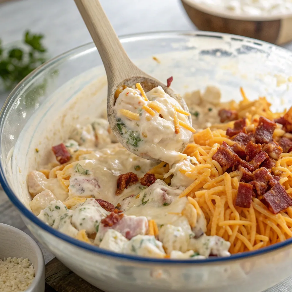 Creamy Bacon Cheddar Ranch Pasta Salad That’s Quick and Easy 10 Mixing creamy bacon cheddar ranch pasta salad